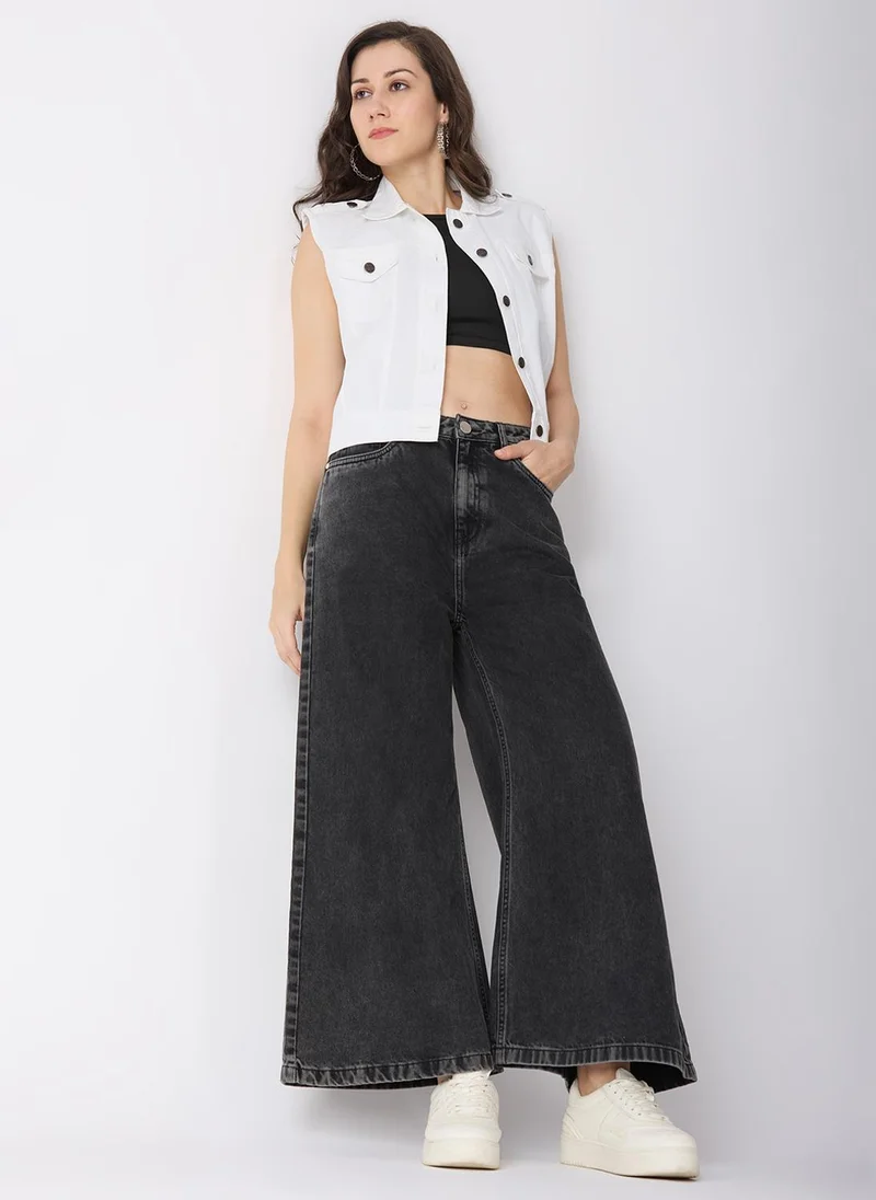 جلو باص جينز نسائي جلوبس قطن سادة بخصر متوسط واسع جدًا